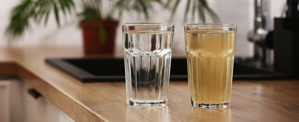 Dwie szklanki na blacie kuchennym: jedna z czystą, a druga z brudną wodą